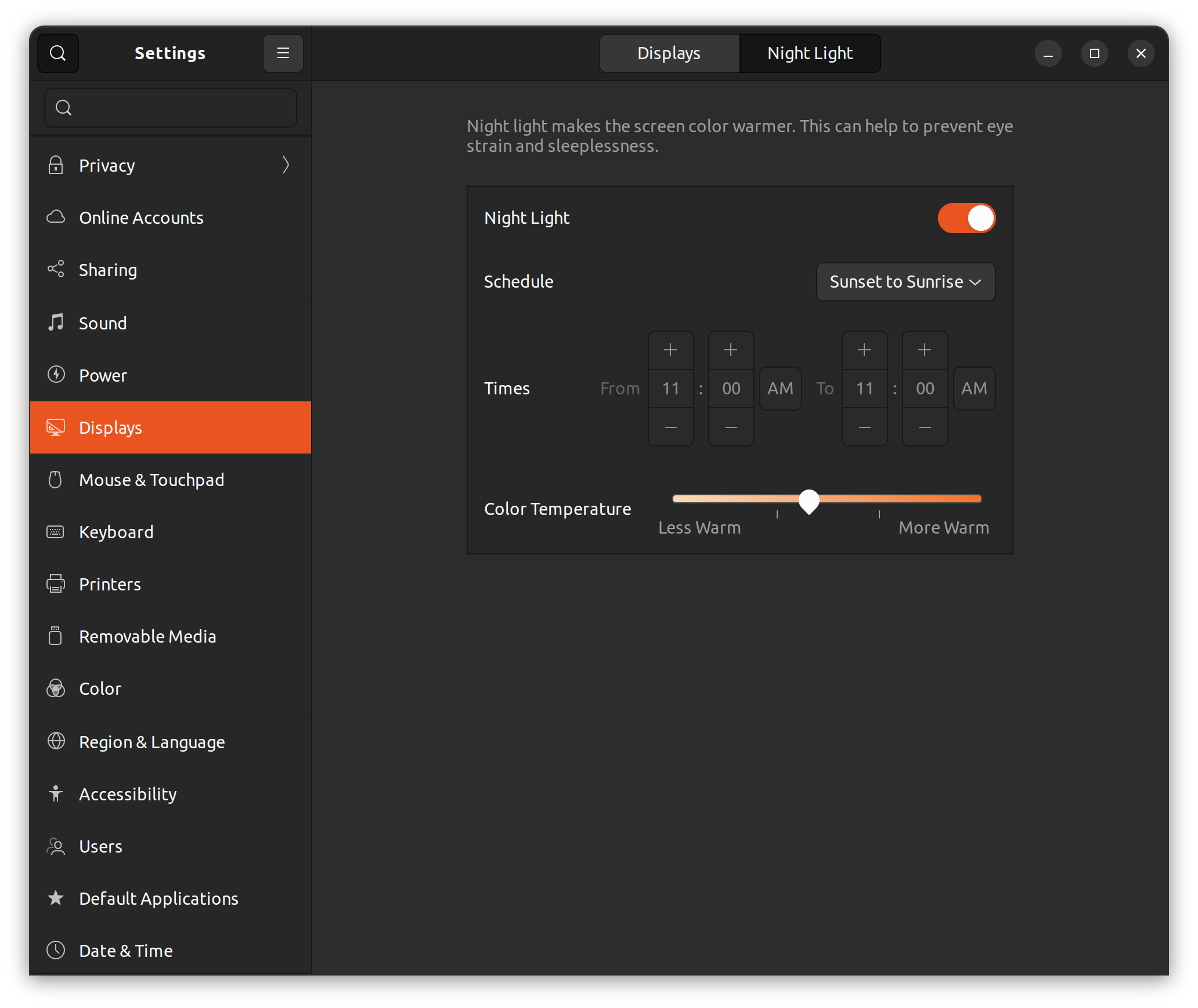 The GNOME settings window showing the ability to automatically enable/disable a blue light filter at specific times of the day.