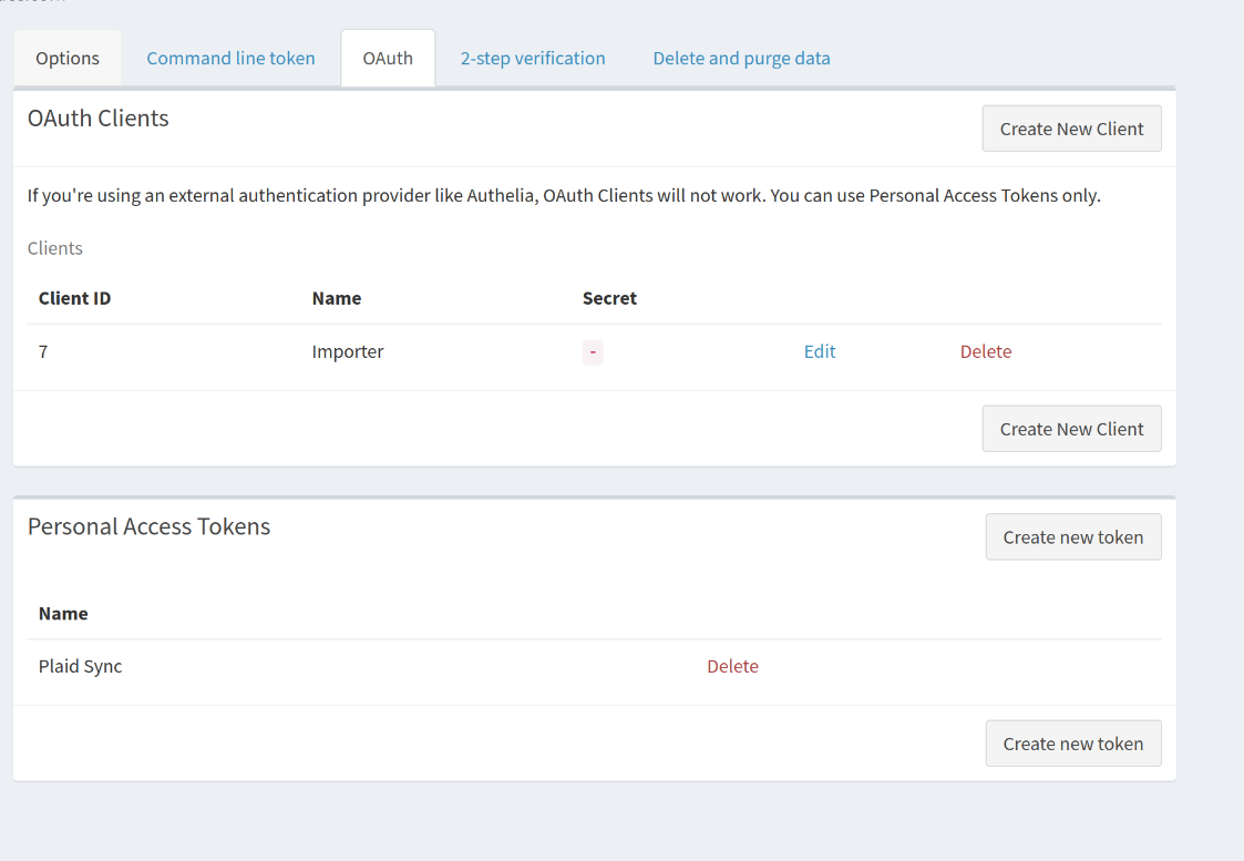 A screenshot of FIrefly showing the options page and the OAuth client page.