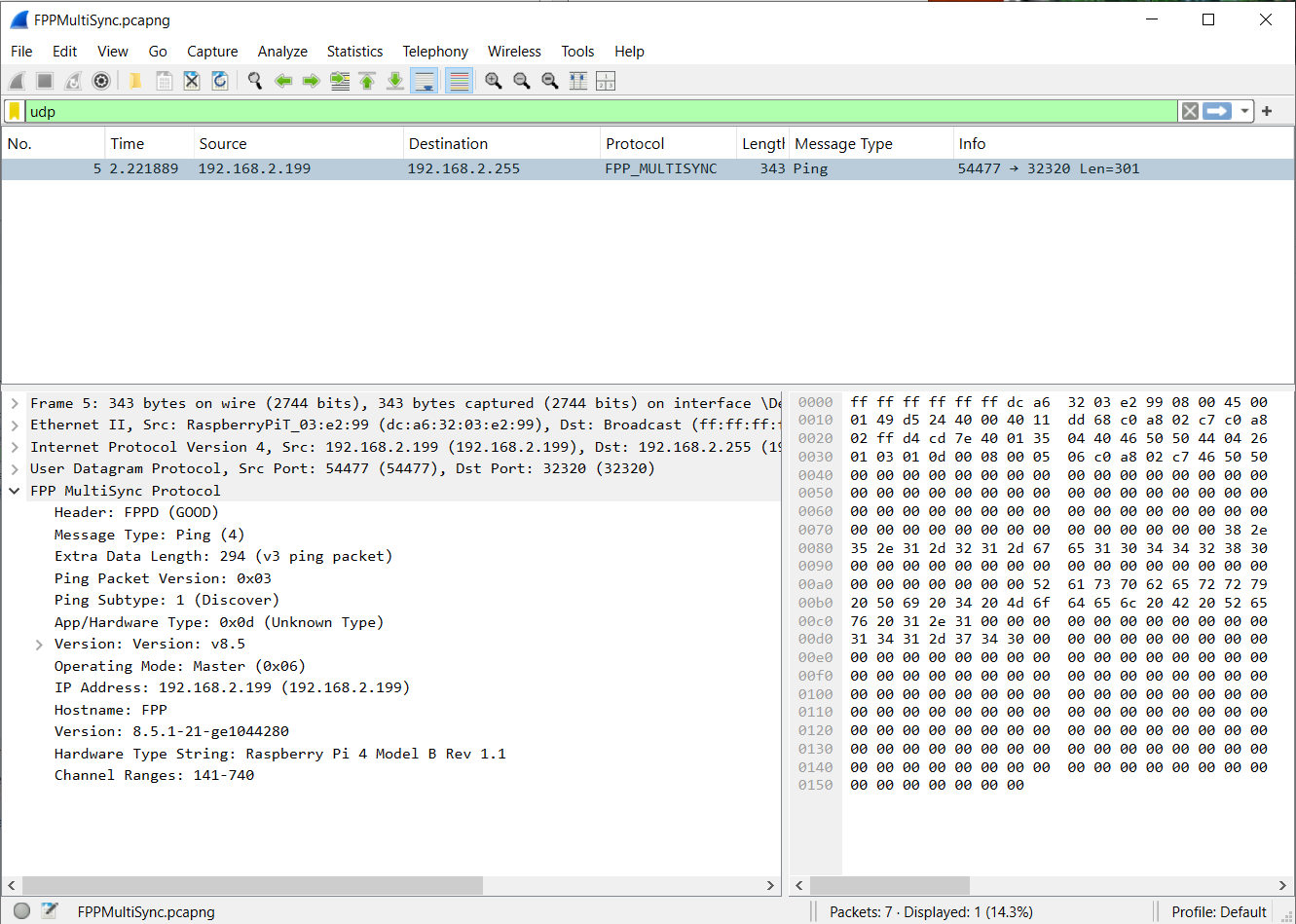A screenshot from Wireshark’s packet dissector view showing meaningful data in the FPP MultiSync payload.