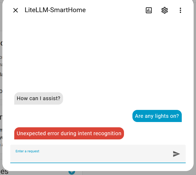 A screenshot from Home Assistant showing ‘Unexpected error during intent recognition’ when prompted if any lights are on.