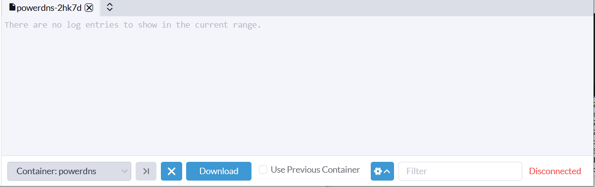 A screenshot from Rancher trying to load the logs for a given pod. The UI shows no logs and no error message