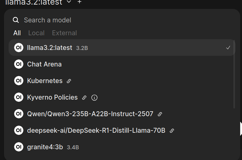 A screenshot from OpenWebUI showing a list of models. Some locally hosted, some remote.