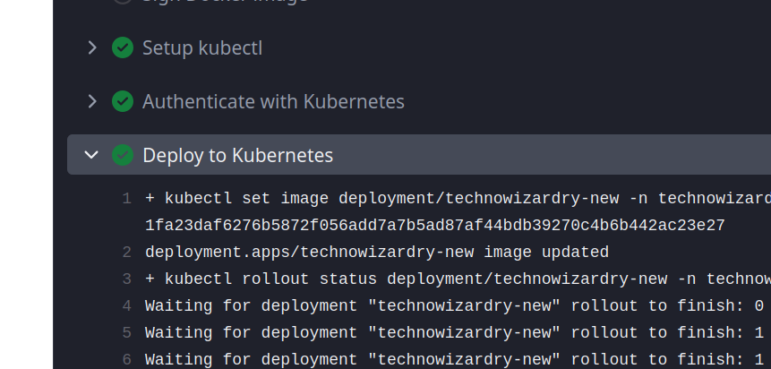 A Forgejo workflow step showing kubectl deploying a new image to a deployment.