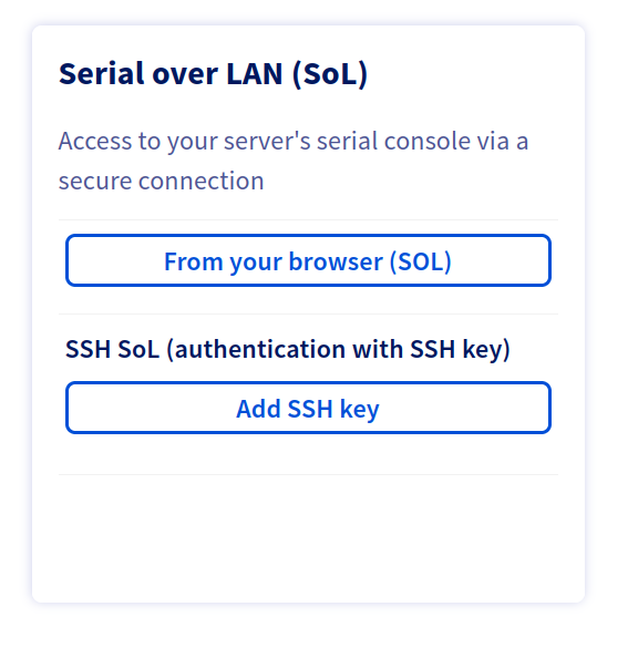 A screenshot from the OVH control panel showing an option to connect to the host serial port using SSH.