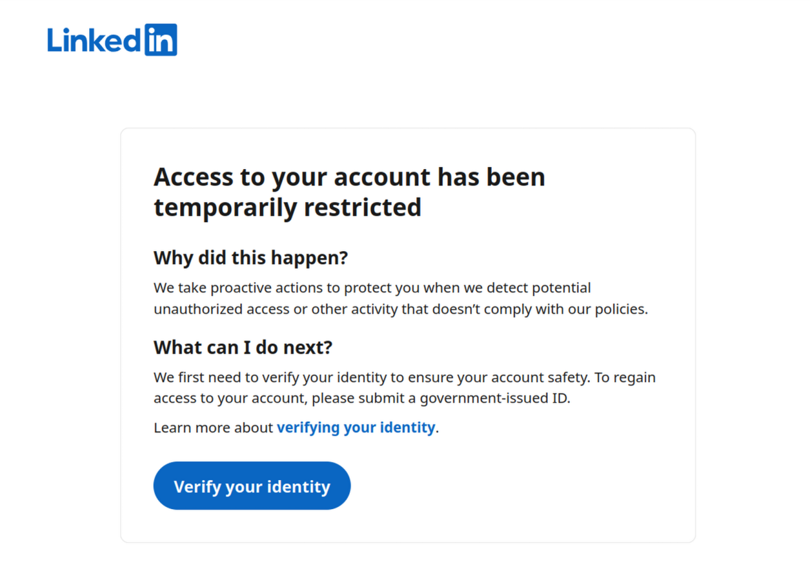 Screenshot of LinkedIn web page stating my account has been restricted and I need to verify it.